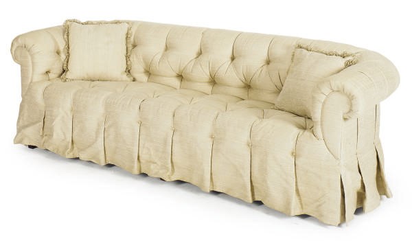 A PAIR OF BUTTON-TUFTED UPHOLSTERED SOFAS,