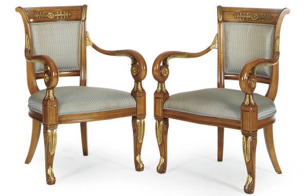 A SET OF SIX FRUITWOOD AND PARCEL-GILT ARMCHAIRS,