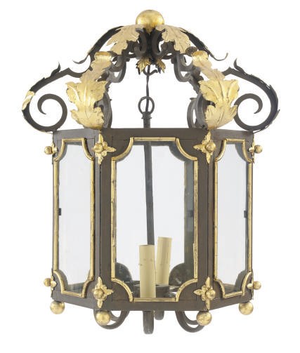 AN ENAMELED METAL AND PARCEL-GILT HANGING LANTERN,