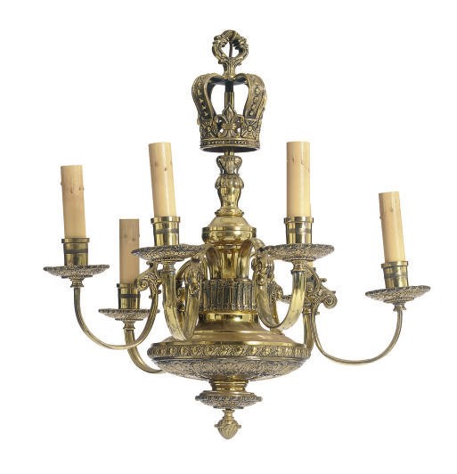 A CONTINENTAL BRASS SIX-LIGHT CHANDELIER,