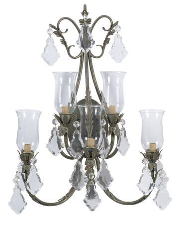 A PATINATED-METAL AND CUT-GLASS TEN-LIGHT CHANDELIER,
