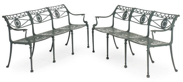 A SET OF FOUR CAST-ALUMINUM GARDEN BENCHES,