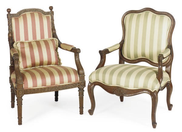 TWO PAIRS OF MAHOGANY FAUTEUILS,