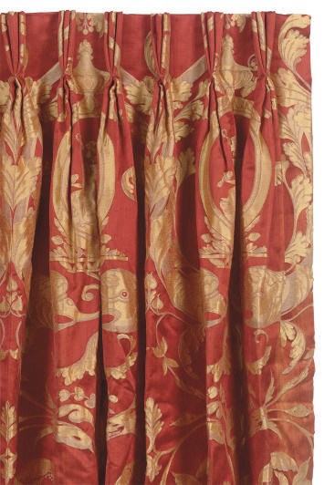 FOUR SETS OF RED AND GOLD SILK DAMASK CURTAINS,
