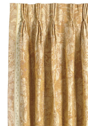 TWO SETS OF YELLOW AND GOLD SILK DAMASK CURTAINS,