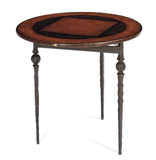 A PAIR OF WROUGHT-IRON AND LEATHER-TOP CIRCULAR SIDE TABLES,