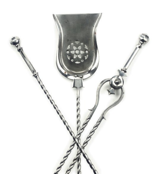 A SET OF THREE ENGLISH STEEL FIRE-IRONS