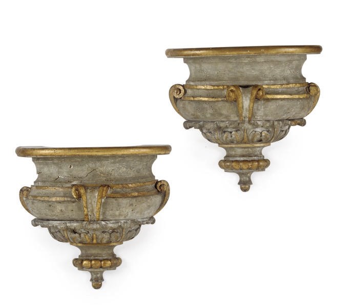 A PAIR OF GREY PAINTED CARVED PINE WALL SCONCES