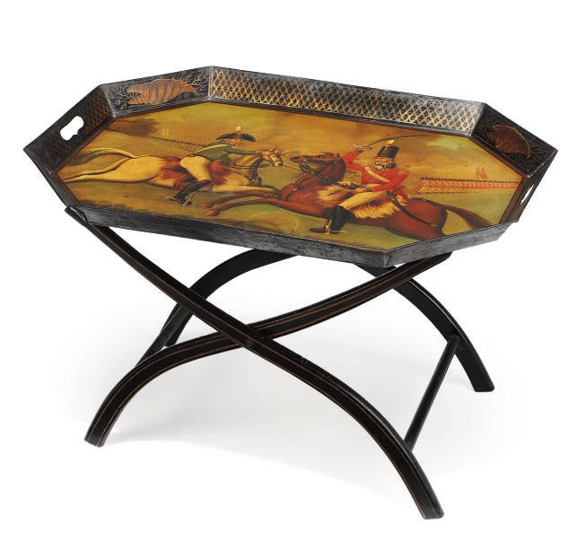 A REGENCY JAPANNED SHEET IRON TRAY ON STAND
