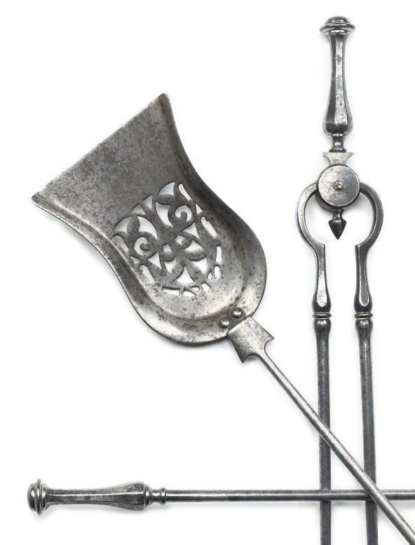A SET OF THREE STEEL FIRE TOOLS