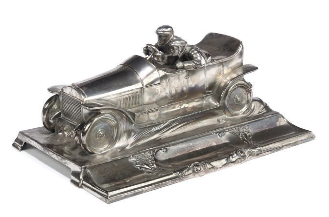 A GERMAN ELECTROPLATED RACING CAR DESK STAND