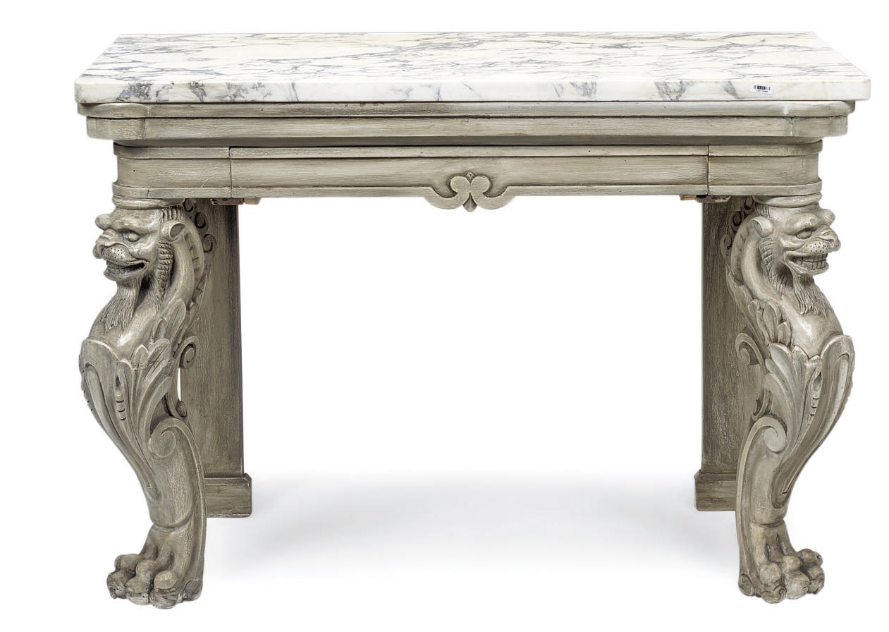 A GREY PAINTED AND VARIEGATED WHITE MARBLE MOUNTED CONSOLE TABLE