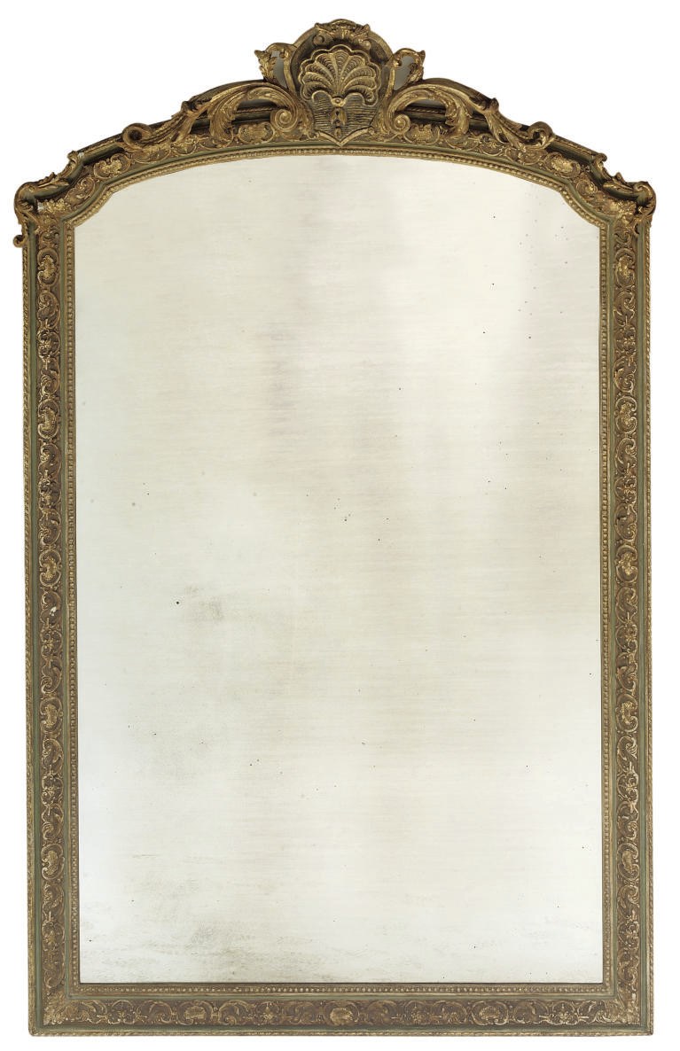 A GREEN PAINTED AND GILT DECORATED MIRROR