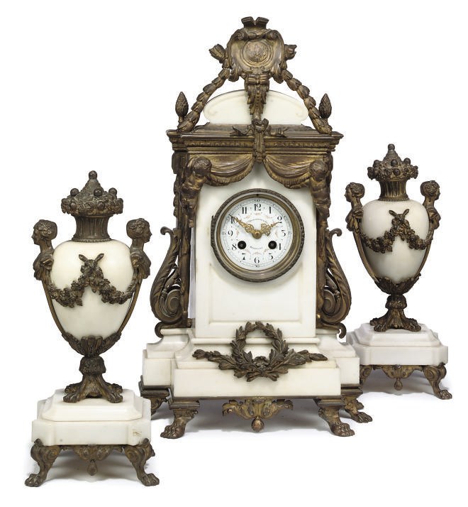 A BELGIUM GILT-SPELTER MOUNTED MARBLE MANTEL CLOCK GARNITURE