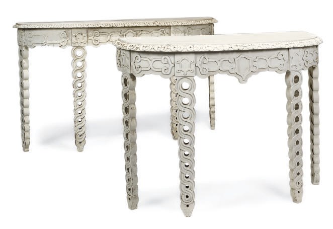 A NEAR PAIR OF WHITE PAINTED CONSOLE TABLES