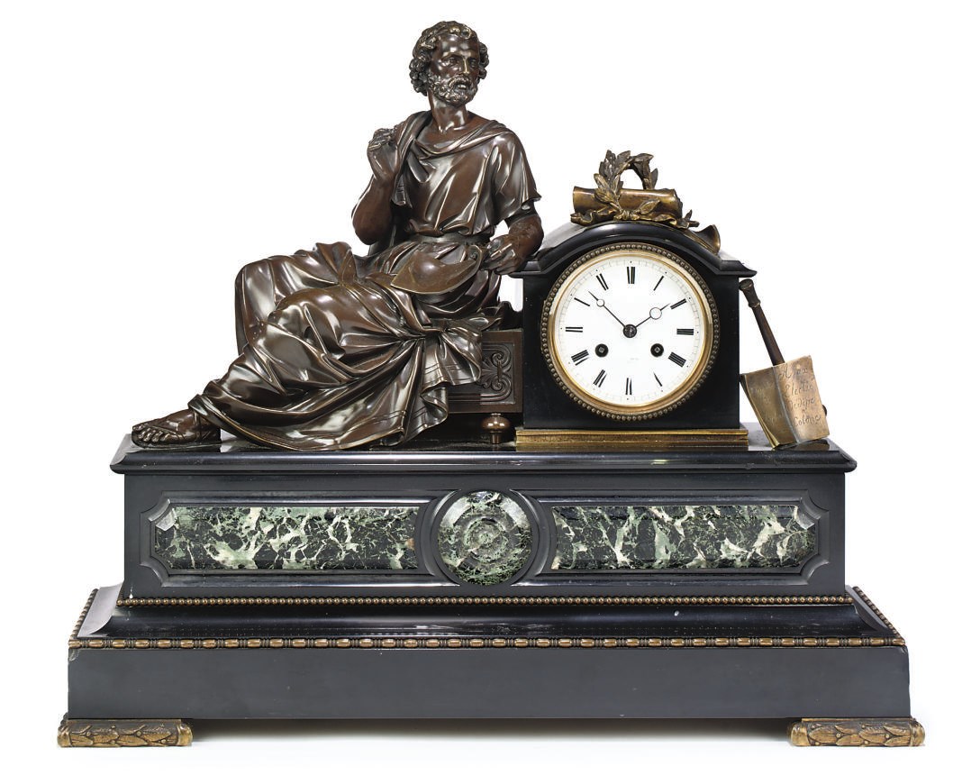 A FRENCH BRONZE AND MARBLE MANTEL CLOCK