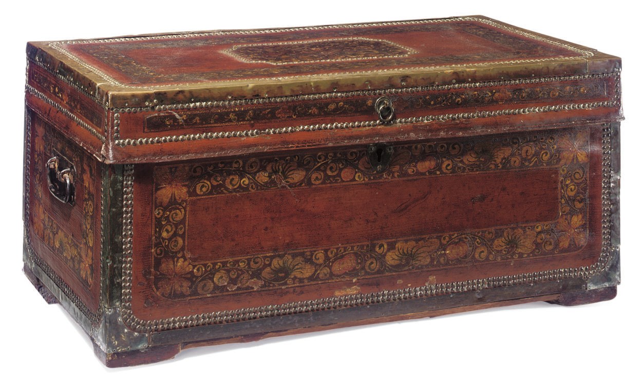A CHINESE-EXPORT DECORATED LEATHER BRASS MOUNTED TRUNK