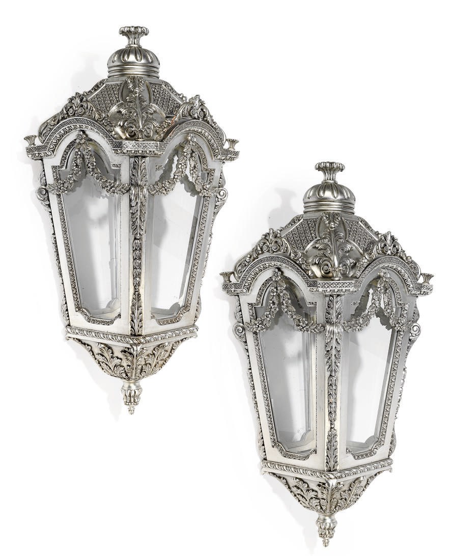 A PAIR OF LARGE SILVERED WOOD LANTERNS