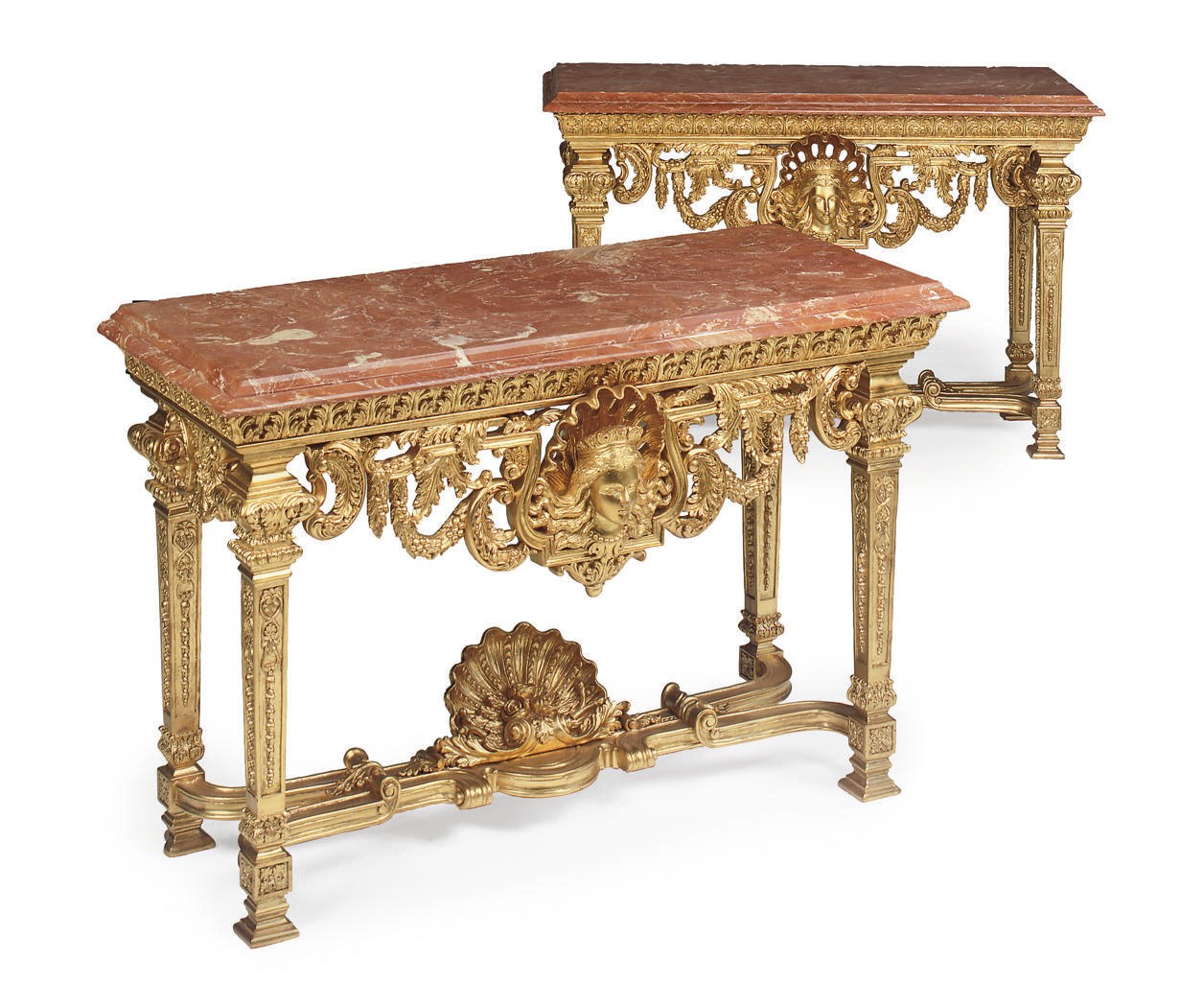 A PAIR OF GILTWOOD AND MARBLE MOUNTED CONSOLE TABLES