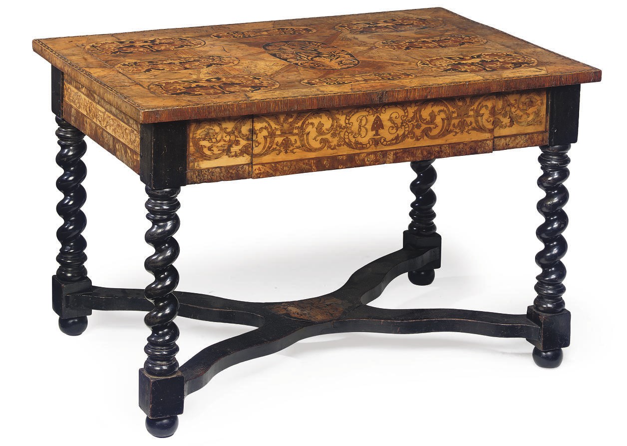 A MARQUETRY AND EBONISED CENTRE TABLE