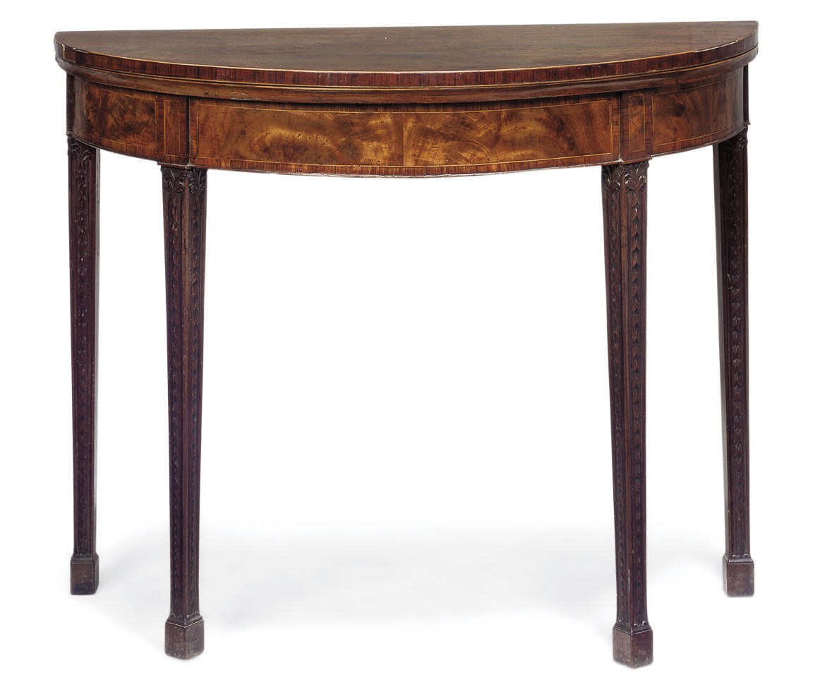 A GEORGE III MAHOGANY AND ROSEWOOD CROSSBANDED DEMI LUNE CARD TABLE