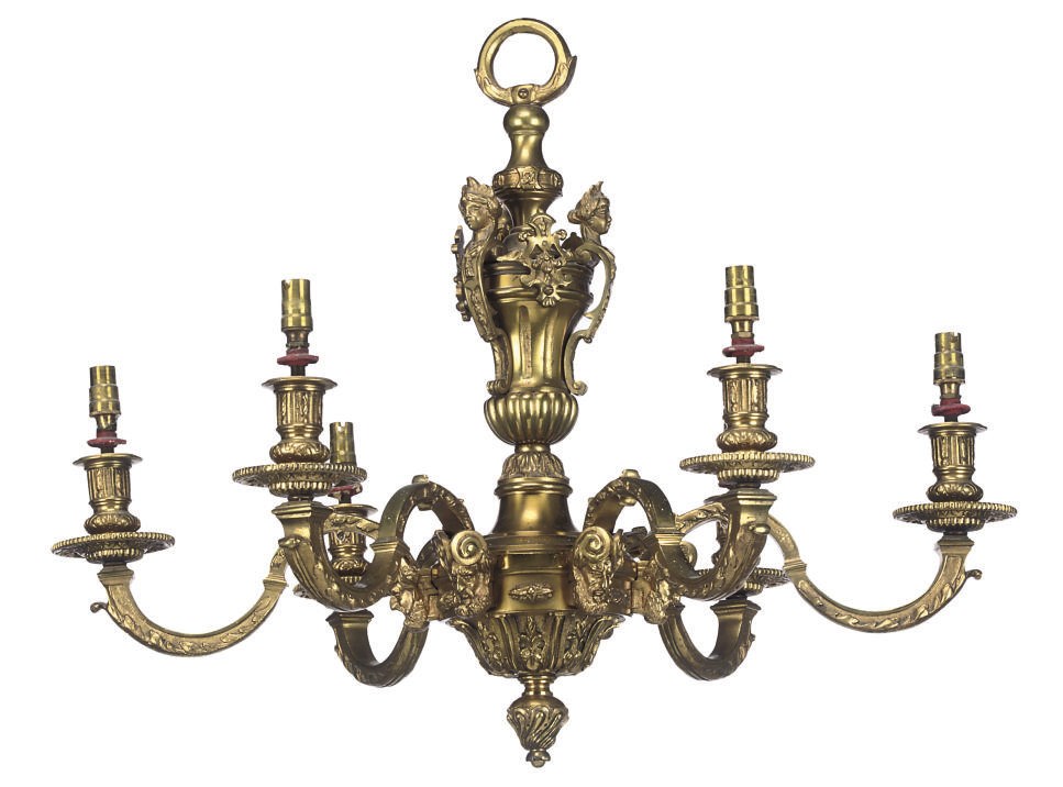 A PAIR OF GILT-BRONZE SIX-LIGHT CHANDELIERS