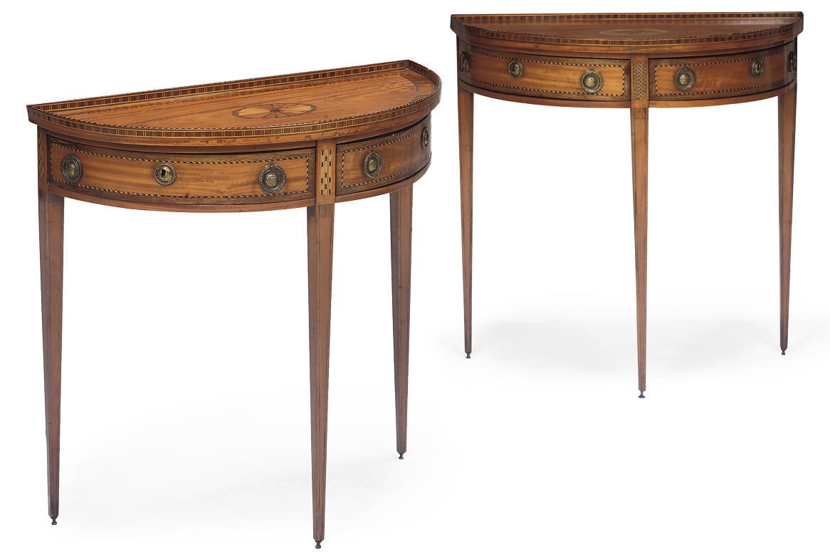 A NEAR PAIR OF DUTCH SATINWOOD INLAID AND ROSEWOOD BANDED DEMI-LUNE SIDE TABLES