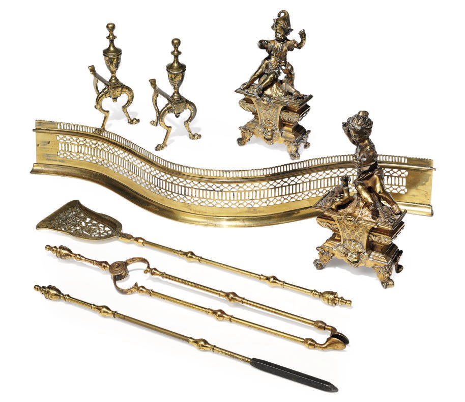 A GROUP OF BRASS FIRE-SIDE FURNITURE
