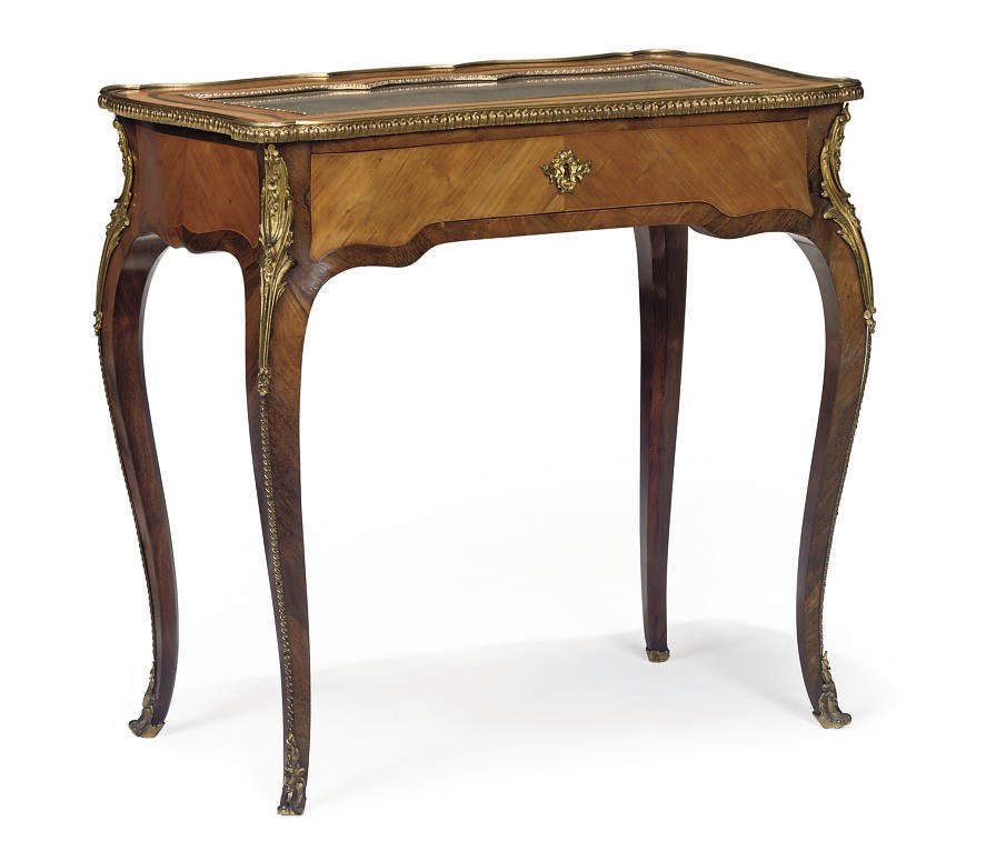 A FRENCH ROSEWOOD AND TULIPWOOD GILT-METAL MOUNTED BIJOUTERIE TABLE