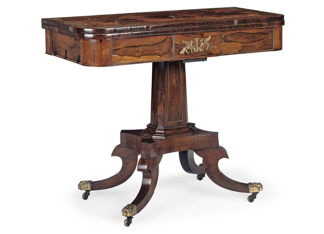 A REGENCY ROSEWOOD BRASS INLAID REGENCY CARD TABLE
