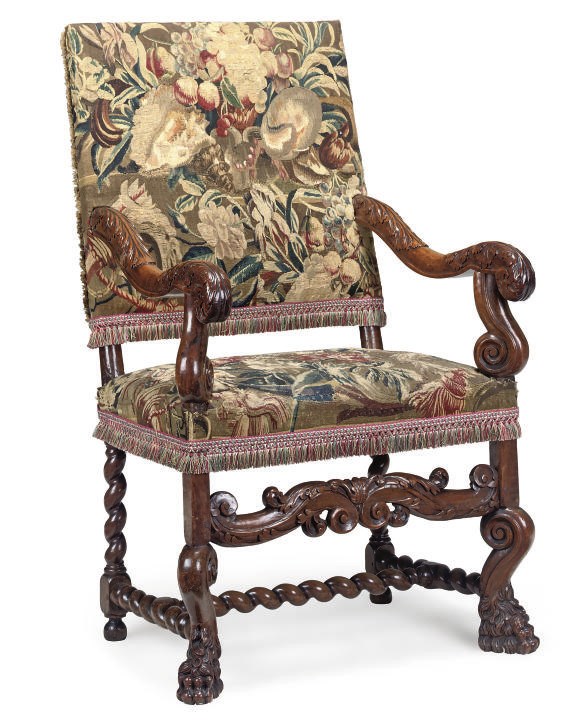 A FLEMISH WALNUT HIGH BACK ARMCHAIR