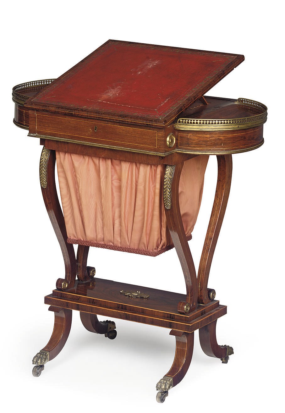 A REGENCY ROSEWOOD AND BOXWOOD STRUNG WORK TABLE