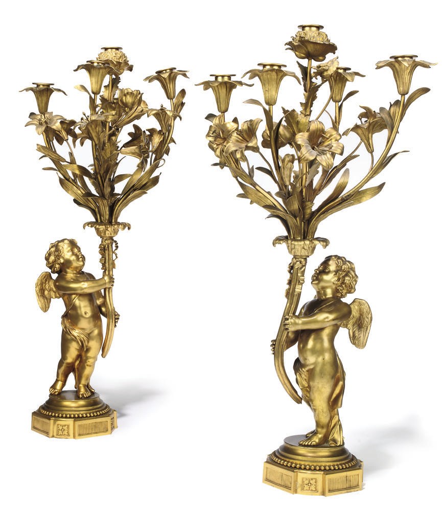A PAIR OF FRENCH GILT-BRONZE FIVE-LIGHT CANDELABRA