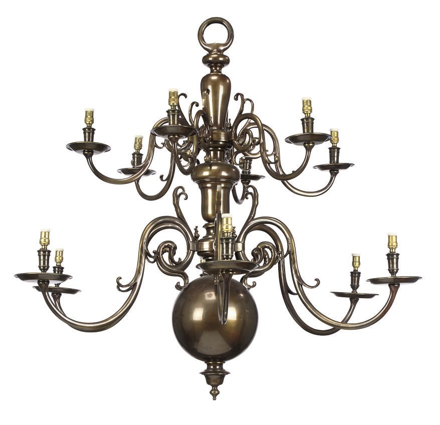 A PAIR OF DUTCH BRASS TWELVE-LIGHT CHANDELIERS