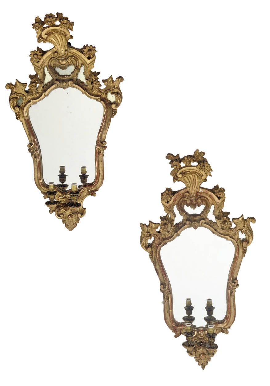 A NEAR PAIR OF ITALIAN GILTWOOD TWIN-LIGHT GIRANDOLES