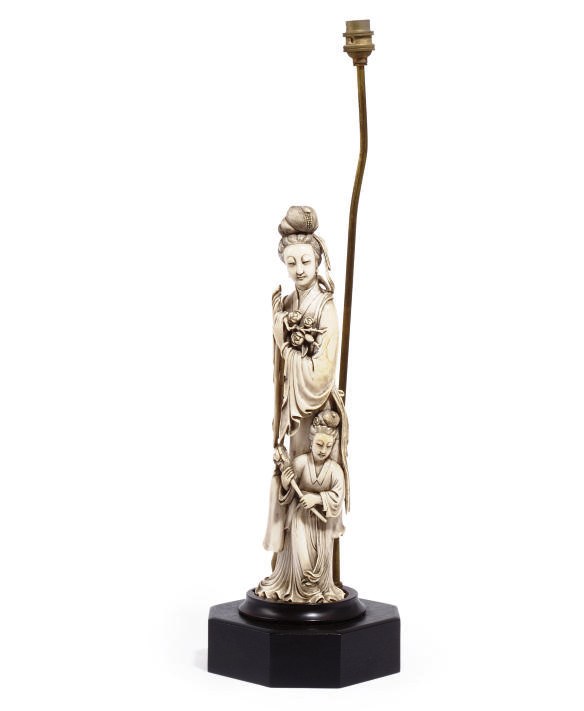 A CHINESE LAMPED IVORY FIGURE OF A LADY