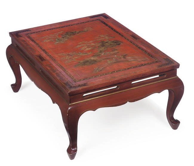 A RED JAPANNED AND PAINTED GILT-DECORATED LOW TABLE
