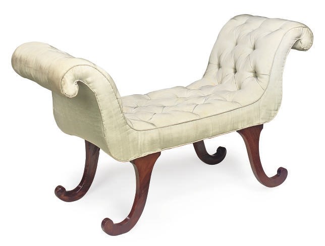A MAHOGANY AND BUTTON-DOWN UPHOLSTERED WINDOW SEAT