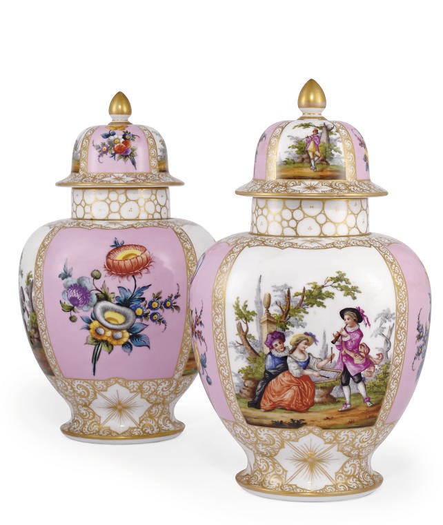 A PAIR OF DRESDEN VASES AND COVERS