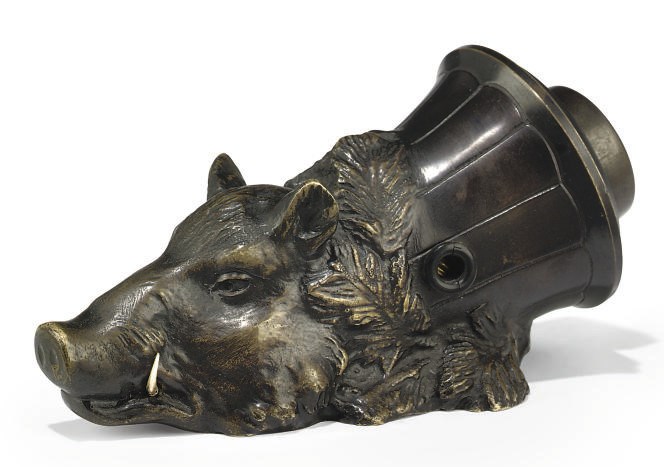 A BRONZE TABLE LIGHT MODELLED AS A WILD BOAR
