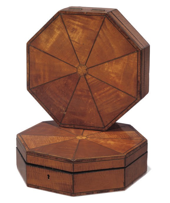 A PAIR OF REGENCY SATINWOOD AND CROSSBANDED HEXAGONAL BOXES