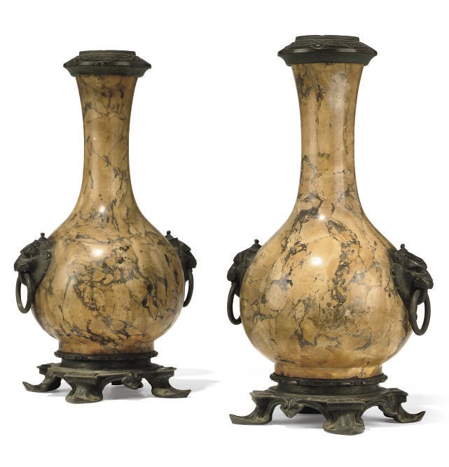 A PAIR OF FRENCH BRONZE-MOUNTED SCAGLIOLA TABLE LAMPS