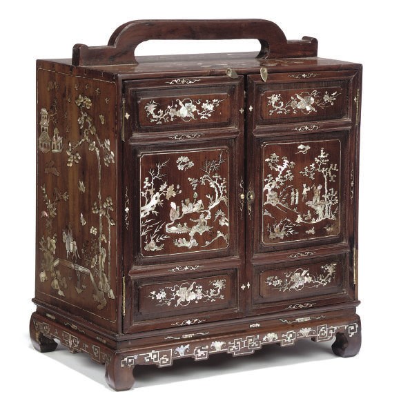 A CHINESE MOTHER-OF-PEARL INLAID HARDWOOD TABLE CABINET