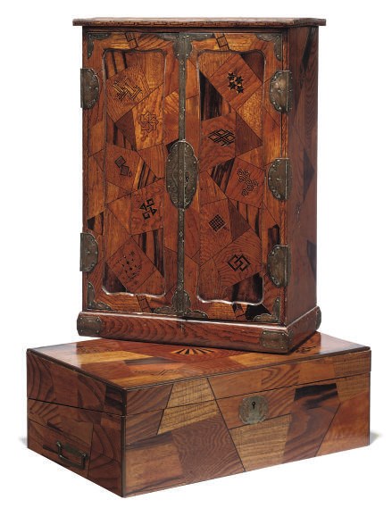A JAPANESE PARQUETRY AND SPECIMEN WOOD TABLE CABINET