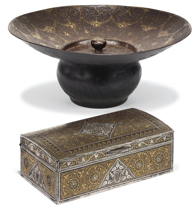 A SPANISH DAMASCENED IRON CASKET