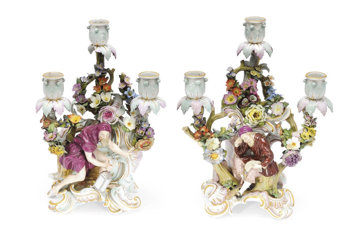 A PAIR OF MEISSEN FIGURAL THREE-LIGHT CANDELABRA