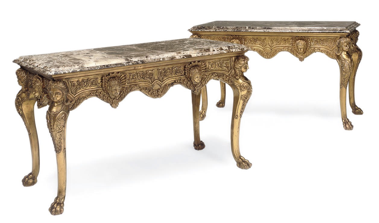 A PAIR OF GILTWOOD AND MARBLE MOUNTED CONSOLE TABLES