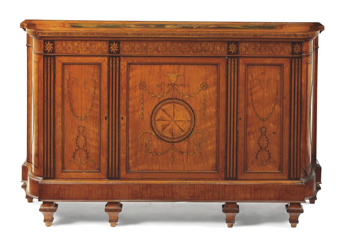A VICTORIAN SATINWOOD AND TULIPWOOD CROSSBANDED AND POLYCHROME-PAINTED SIDE CABINET