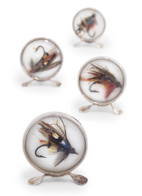 A SET OF FOUR NOVELTY EDWARDIAN SILVER MENU HOLDERS CONTAINING FISHING FLIES BEHIND A GLAZED FRONT