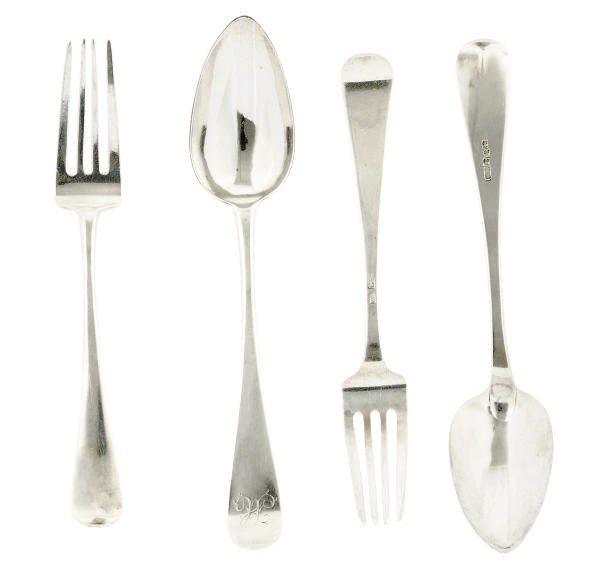 A SET OF SIX GEORGE III SCOTTISH PROVINCIAL SILVER OLD ENGLISH PATTERN TABLESPOONS TOGETHER WITH A SIMILAR SET OF SIX TABLE FORKS